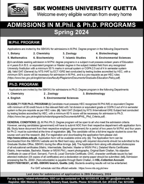 Advertisement for SBK Women's University MPhil and PhD spring admission 2024, showcasing details and application deadlines.